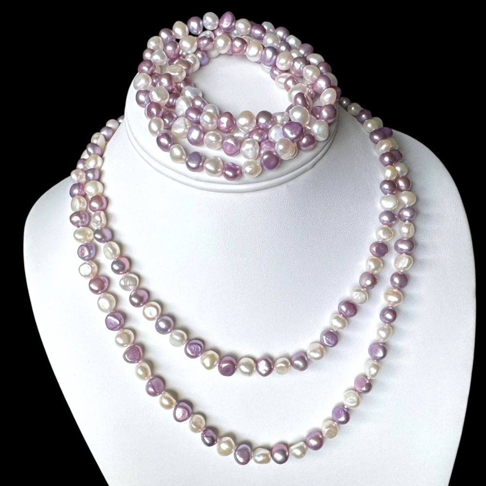 Honora 36” Pearl Necklace & Bracelets, Lavender & Cream, Sterling Silver, Purple